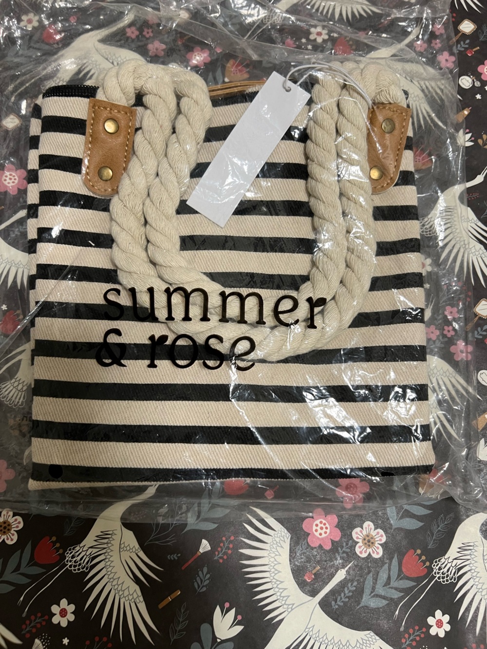 summer & rose Black and Cream Striped Rope-Handle Tote
